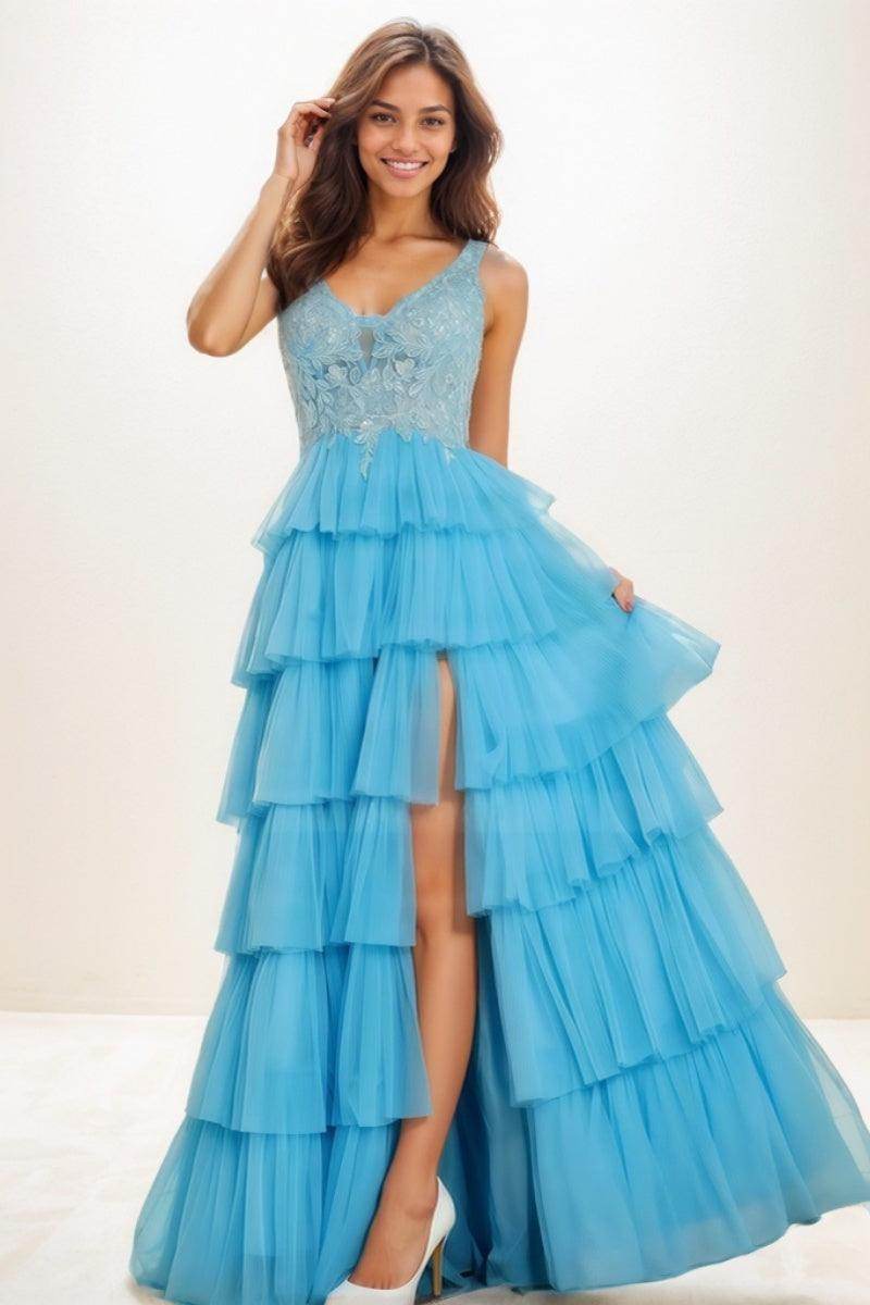 Dreamy Lace V-Neck A-Line Floor-Length Tulle Prom Dresses CS0736 - COCOMELODY